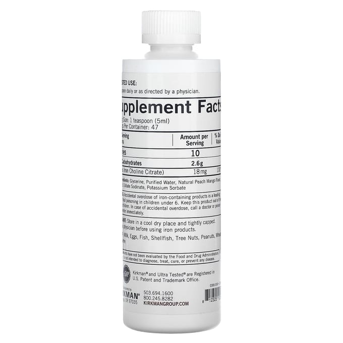 Kirkman Labs, Fer Liquide, Pêche Mangue Naturelle, 8 fl oz (237ml)