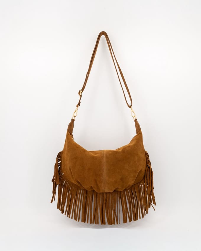 Tas- cognac - suède - crossbody - met franjes