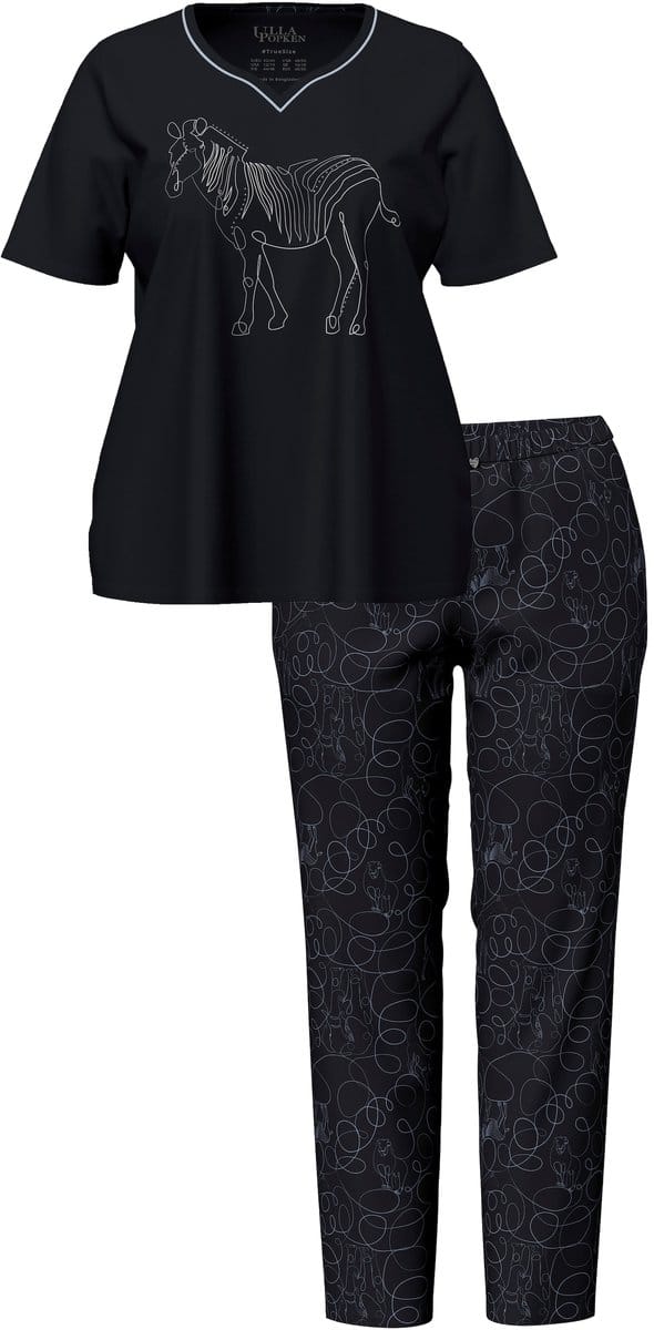 Ulla Popken - Dames - Pyjama zebra hartvormige hals korte mouw - Zwart - Maat 42+