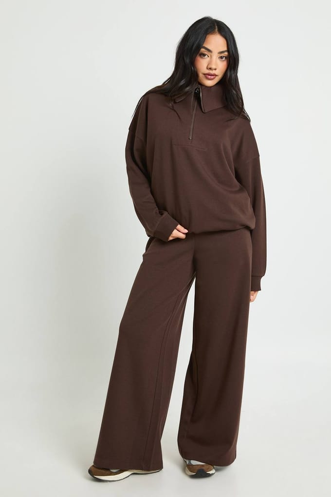 boohoo Dames Halfrits Sweatshirt Interlock Trainingspak | Chocoladebruin | Maat: Medium