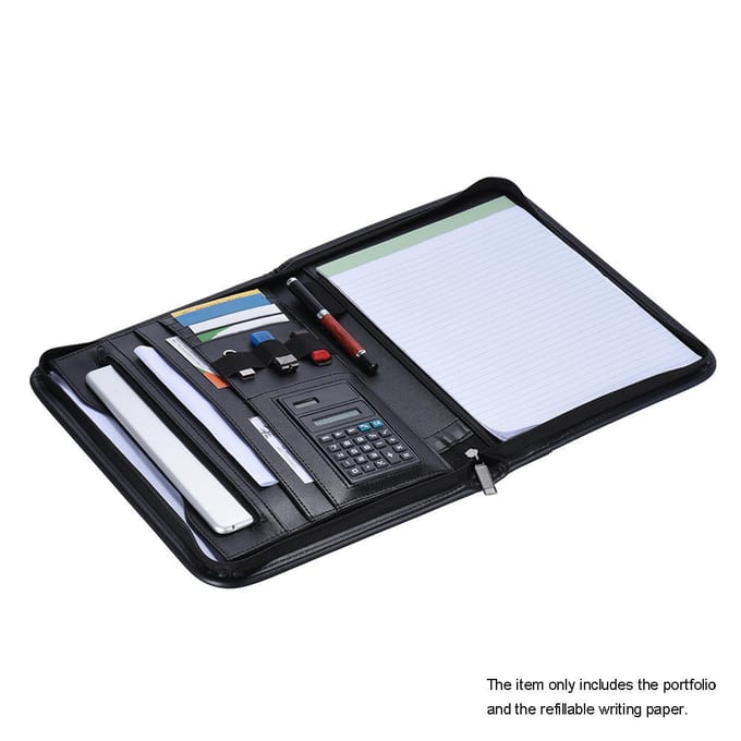 Organisateur de documents multifonctionnel à fermeture éclair, en cuir PU A4 avec bloc-notes black