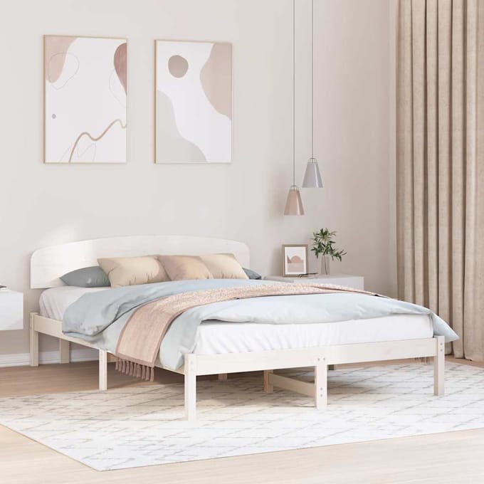 vidaXL - Bedframe - met - hoofdeinde - Wit - 150 - x - 200 - cm - Massief - grenenhout