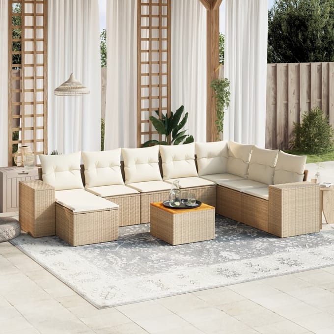 vidaXL - 9-delige - Loungeset - met - kussens - poly - rattan - beige