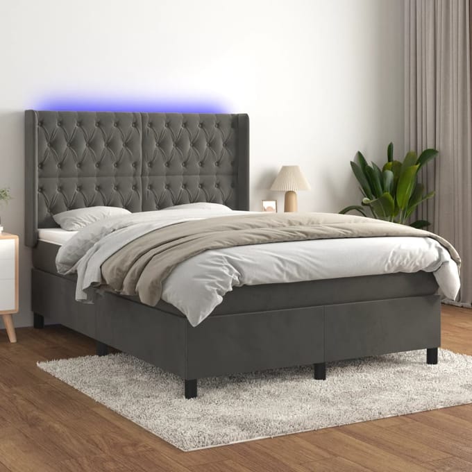 vidaXL - Boxspring - met - matras - en - LED - fluweel - donkergrijs - 140x200 - cm