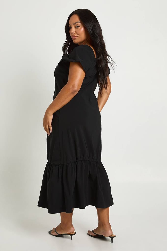 boohoo Dames Plus Drop Hem Pofmouw Midaxi Smock Jurk | Black | Maat: 16