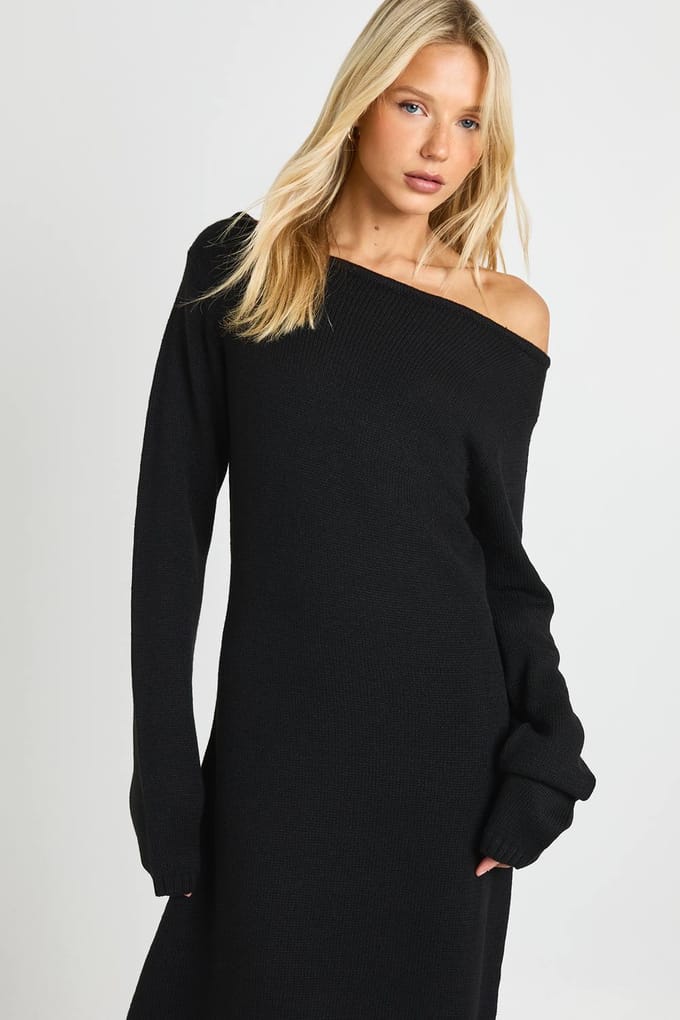 boohoo Dames Gebreide maxi-jurk met slash neck | Black | Maat: Small