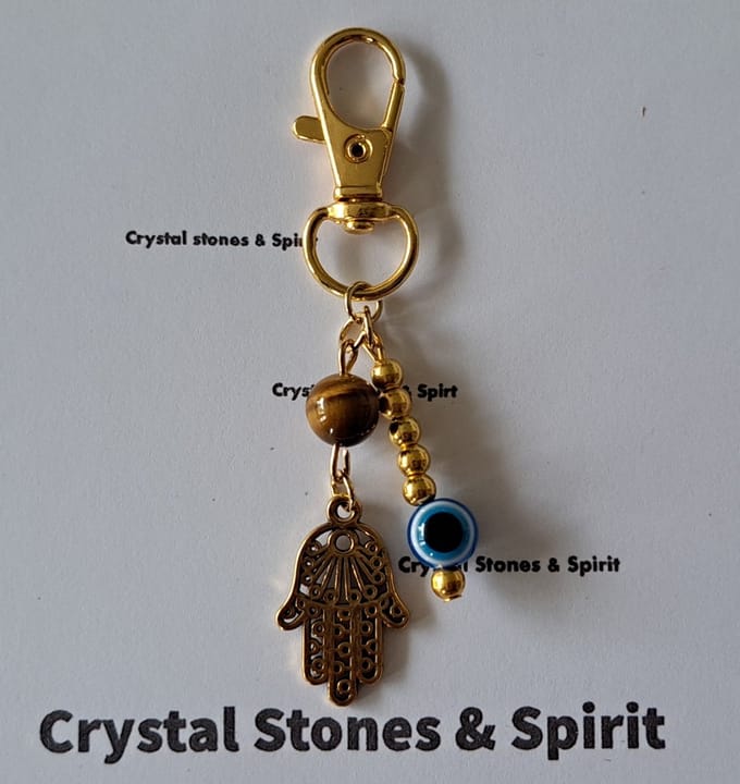 Boze Oog /  Khamsa met "Tijgeroog Goud", sleutelhanger goudkleurig