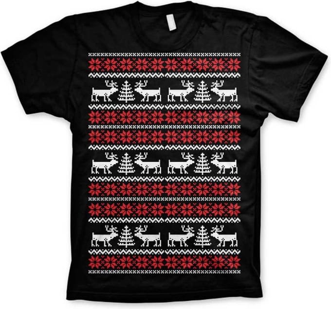 Heren Tshirt -M- Christmas Knit Pattern Zwart
