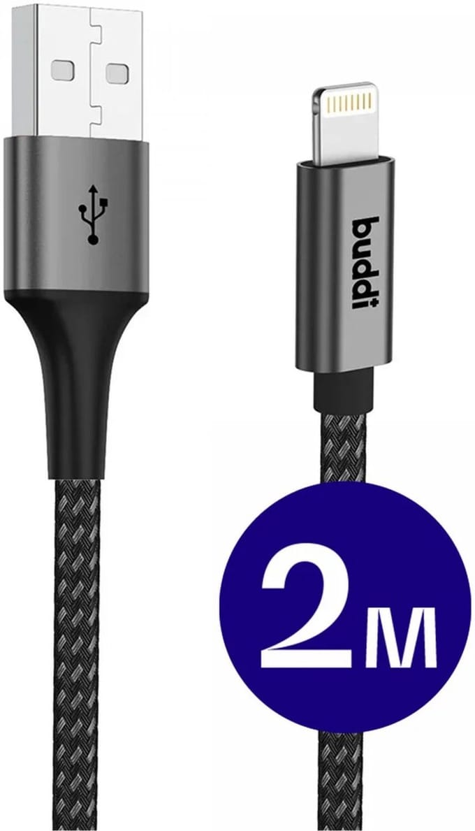 Buddi Flex | USB-A naar Lightning Kabel 12W Fast Charge | 480Mbps Dataoverdracht | Gevlochten Nylon | 2M | 2 Meter | Zwart