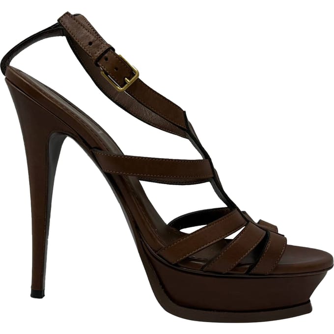Saint Laurent Tribute Platform Sandalen in Bruin Leer