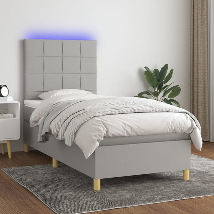 vidaXL - Boxspring - met - matras - en - LED - stof - lichtgrijs - 90x190 - cm