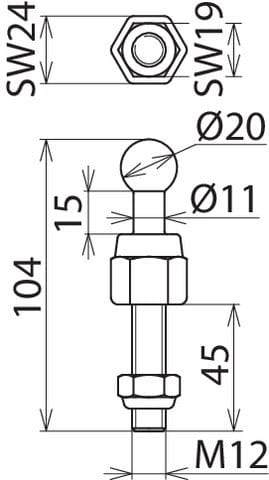 Vaste kogelpunt D 20mm met draadstift en moer M12x45mm - 754238