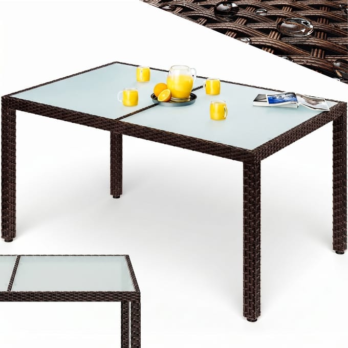 Polyrotan Tuintafel Bruin 150 x 90 x 75 cm Weerbestendig Melkglas voor Buiten
