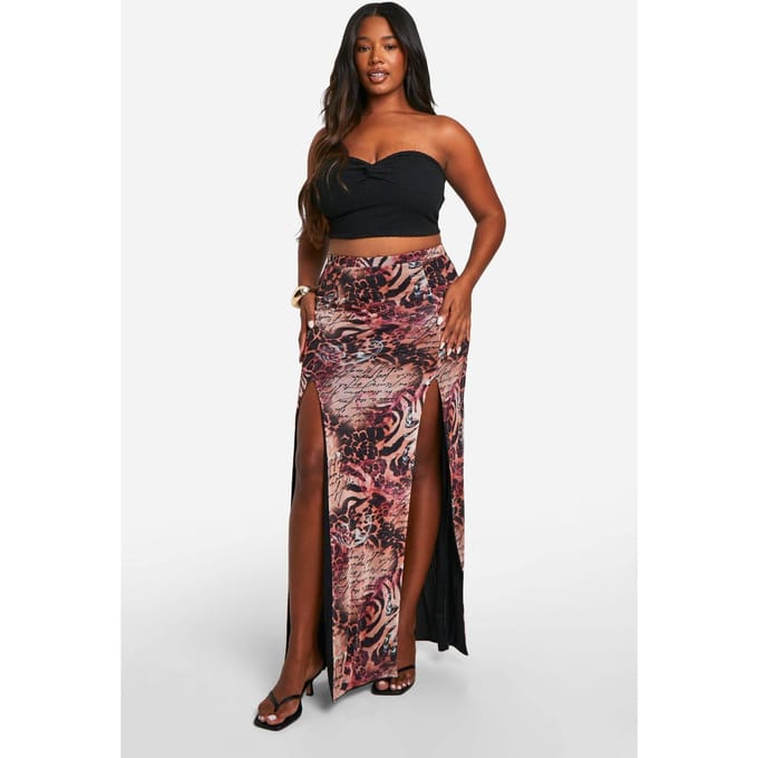 boohoo Dames Plus Mesh Mixed Luipaardprint Maxi Rok met Split Details | Maat: 56
