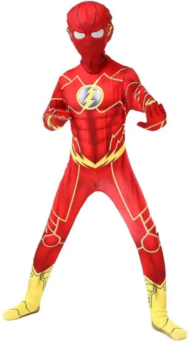 Superheldendroom - Snelheidsheld Kostuum – Rood‑Geel – Stretch - 122 (6/7 Jaar) - Verkleedkleding - Superheldenpak - Actieheld - Carnaval