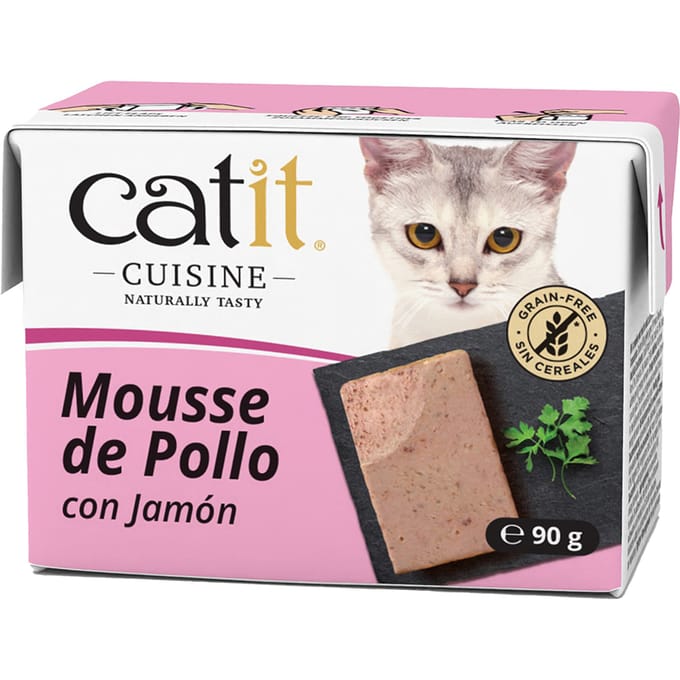 12x90g Catit Cuisine Mousse Tonijn met Zalm  & kip met ham nat kattenvoer