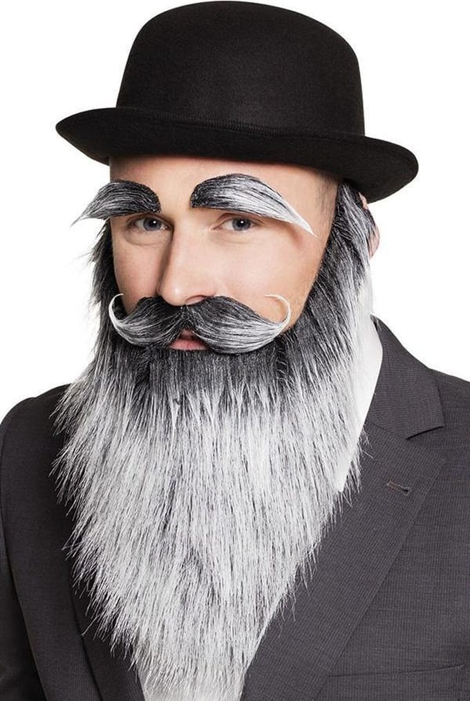 Grijze baard en snor met wenkbrauwen