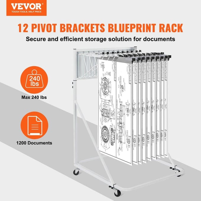 Support de Rangement Mobile pour Plans avec 12 Supports Pivotants 240 lbs