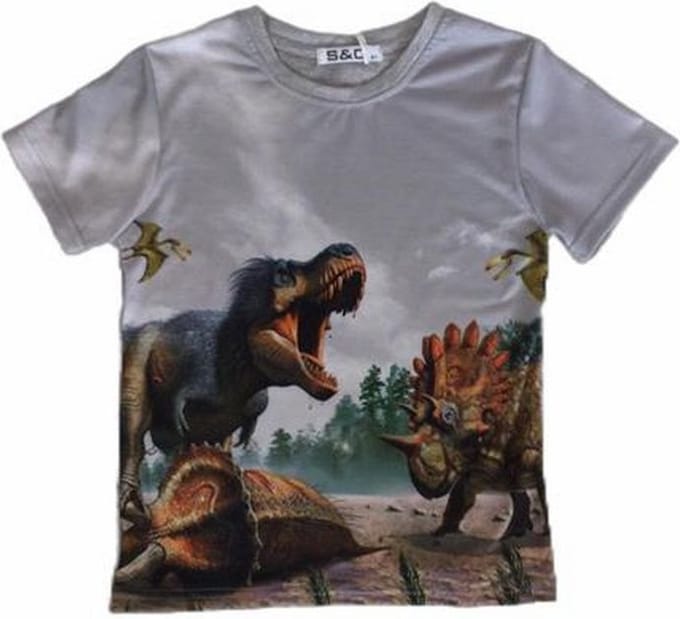 S&C Dinosaurus Shirt - Triceratops / T-Rex - Grijs - Maat 86/92 (2 jaar)