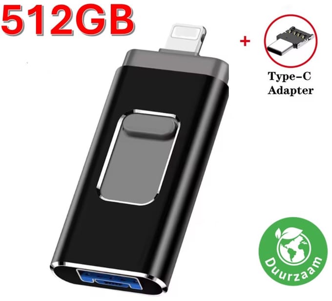 Eletrova® Externe USB Stick | Draagbare USB Stick | Telefoon Opslag | Opslag 512GB | Incl. Adapters | Voor Apple, Android & Windows