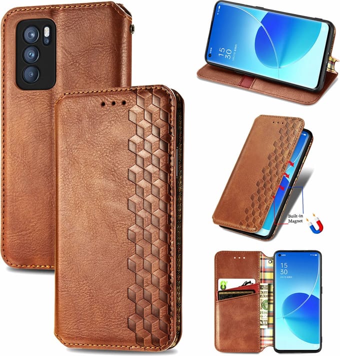 Luxe PU Lederen Ruitpatroon Wallet Case + PMMA Screenprotector voor OPPO Reno6 Pro _ Bruin