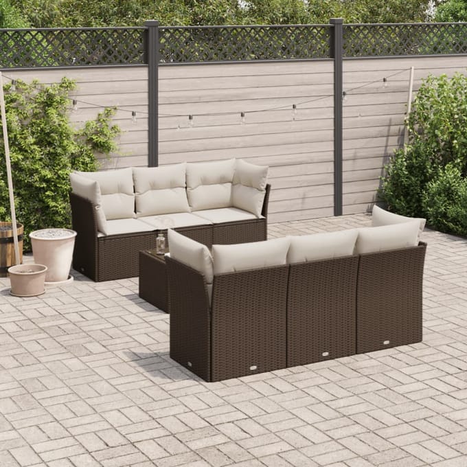 vidaXL - 7-delige - Loungeset - met - kussens - poly - rattan - bruin