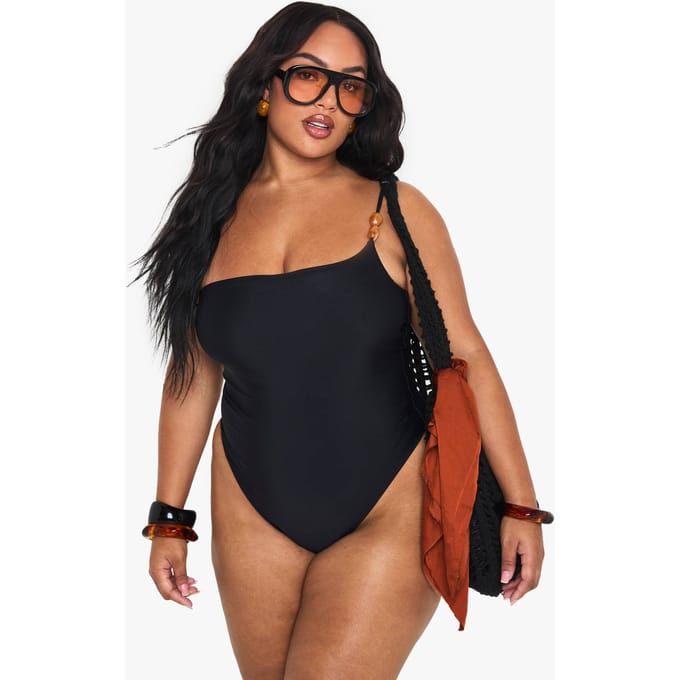 boohoo Dames Plus Resin Stone One Shoulder Swimsuit | Black | Maat: 28
