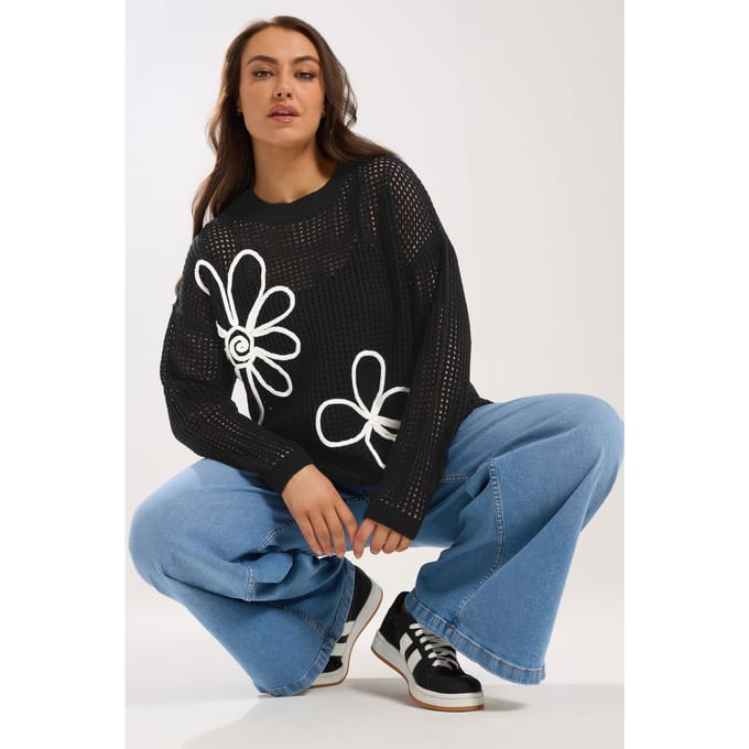 Yours Zwarte Gehaakte Gebreide Trui Met Bloemen Size 66-68
