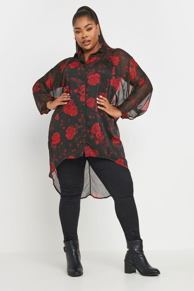 Yours Overhemd Met Bloemontwerp En Lange Achterkant In Zwart/Rood Size 46