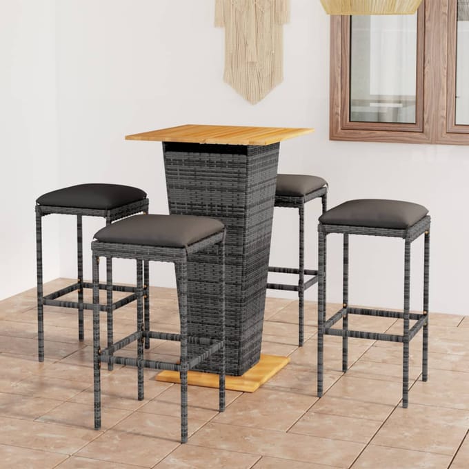 vidaXL - 5-delige - Tuinbarset - met - kussens - poly - rattan - grijs
