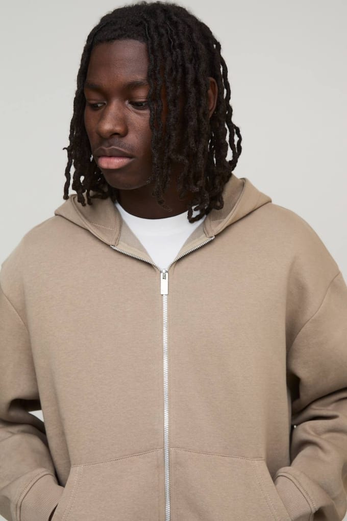 Essential Oversized Boxy Zip Through Hoodie | Taupe | Size Medium