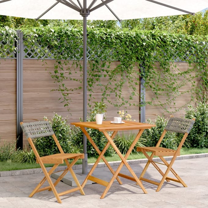 vidaXL - 3-delige - Bistroset - poly - rattan - en - massief - hout - grijs