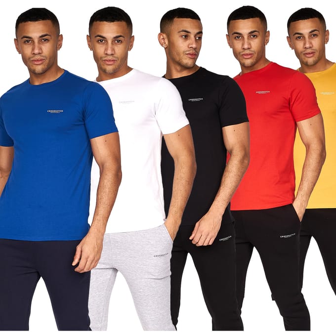 Crosshatch Heren Traymax T-shirt (pak van 5) (Blauw/Rood/Zwart/Geel/Wit)