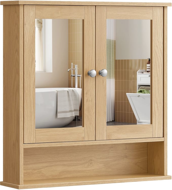 VASAGLE - Badkamermeubel - Wandkast - Spiegelkast - 2 Spiegeldeuren - Open Vak - Verstelbare Plank