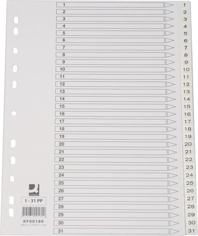 Q-CONNECT tabbladen, A4, PP, 11-gaatsperforatie, met indexblad, set van 1-31, wit 15 stuks