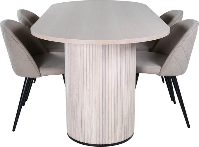 BiancaWW eethoek eetkamertafel eik fineer wit washed en 4 Velvet Stitches eetkamerstal beige.
