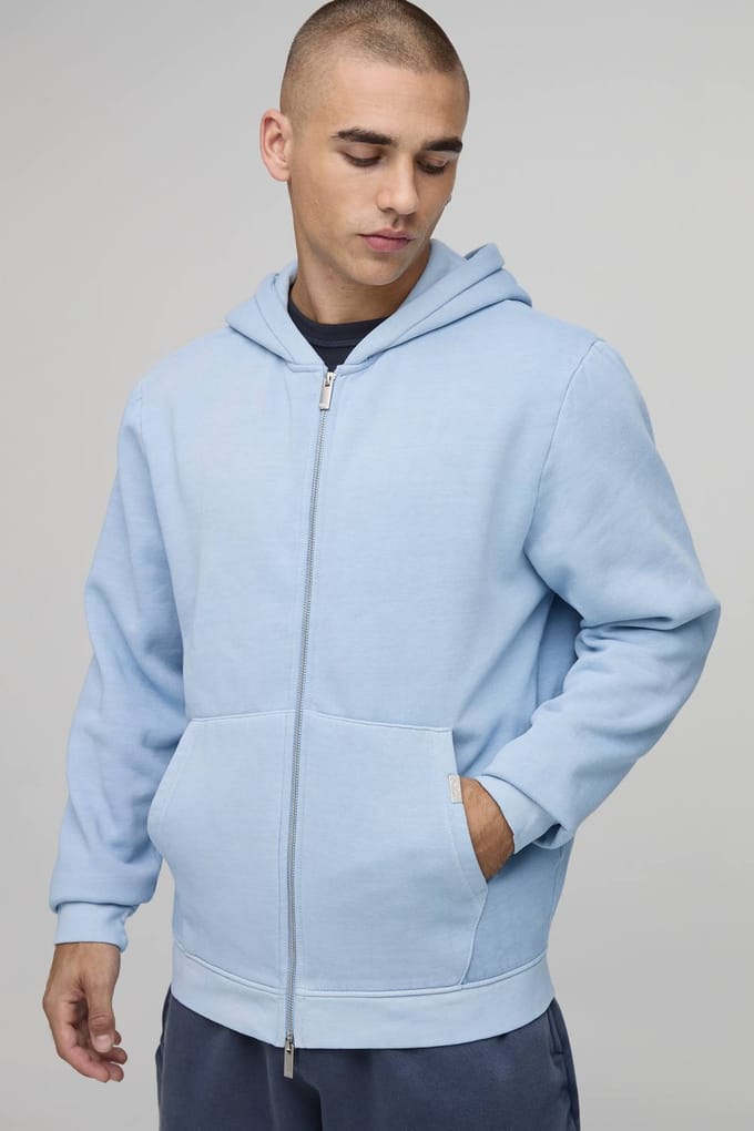 Essentiële Gewassen Boxy Doorritshoodie | Washed Light Blue | Size Medium