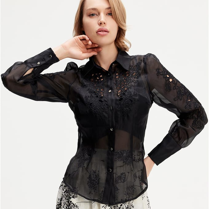 Geborduurde organza blouse