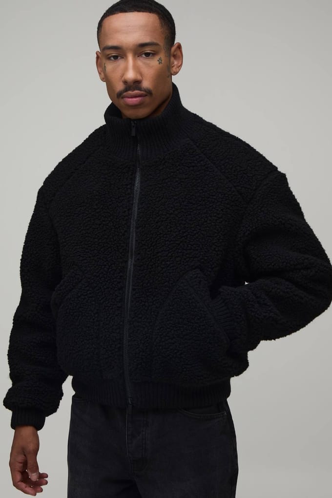 Boxy Fit Chunky Teddy Gebreid Rib Col Teddy Jack | Black | Size Medium