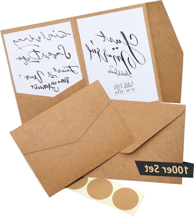 Pocketfold kraftpapier blanco kaarten - inclusief enveloppen - bruiloft uitnodiging ontwerp label - 100 stuks