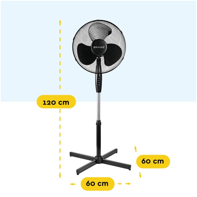 BRASQ Statiefventilator – 40 cm – Zwart - In hoogte verstelbaar – 3 snelheden - 40 Watt