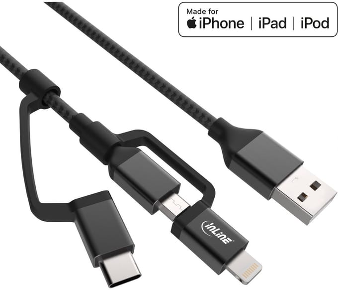 InLine Lightning, Micro USB en USB-C combi-kabel - zwart - 1,5 meter