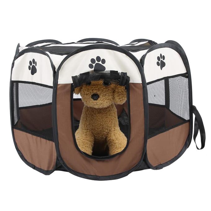 Draagbare Opvouwbare Kooi voor Huisdier Kat Hond Oefen- & Speeltent Met Gaas Afdekking Binnen/Buiten Gebruik Koffie wit
