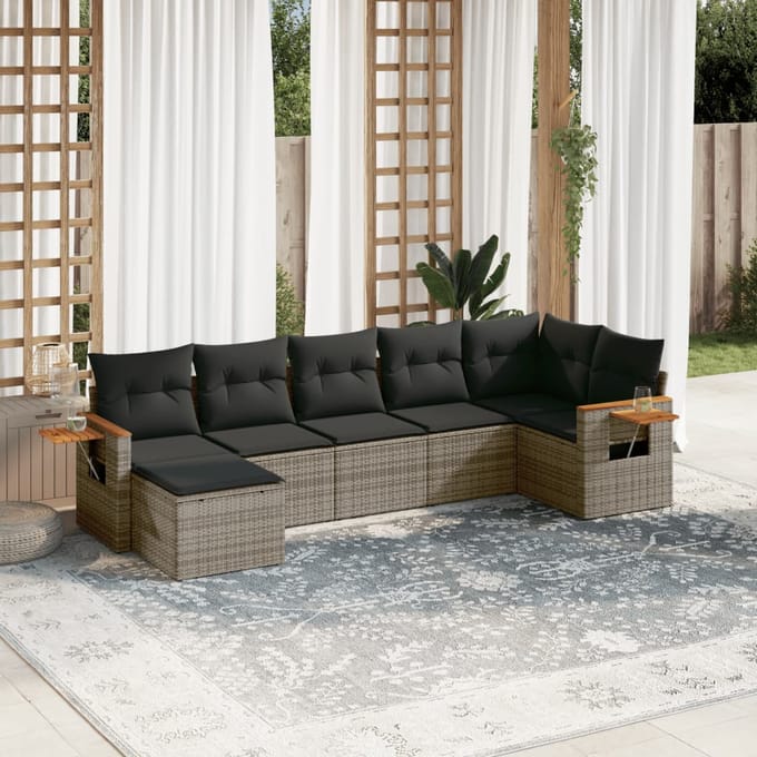 vidaXL - 7-delige - Loungeset - met - kussens - poly - rattan - grijs