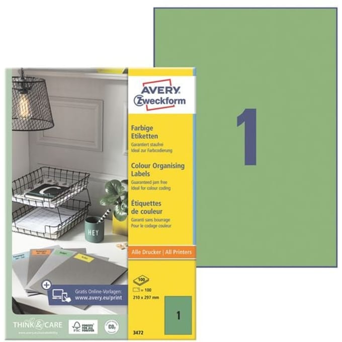 Avery gekleurde universele etiketten formaat 210 x 297 mm (b x h) 100 stuks groen