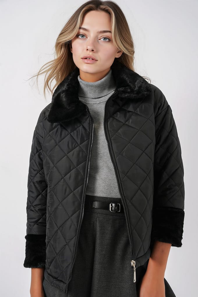 Getextureerde Sjaalkraag Puff Coat met Nepbont