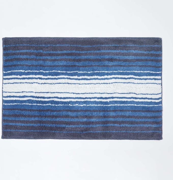 Homescapes Antislipbadmat met streeppatroon 100% katoen, blauw en wit