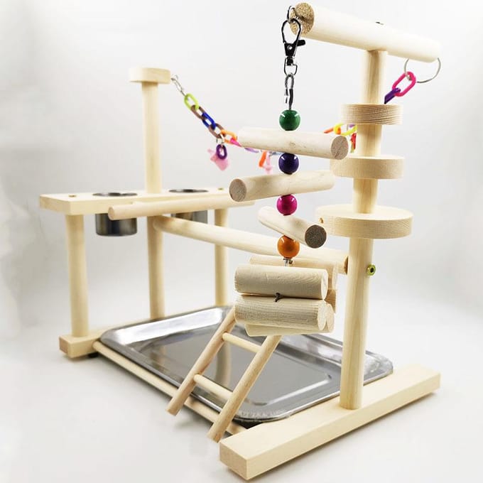 Vogel Speelstand Interactief Kleurrijk Schommel Ladder Houten Papegaai Speeltuin met Voederbak voor beige