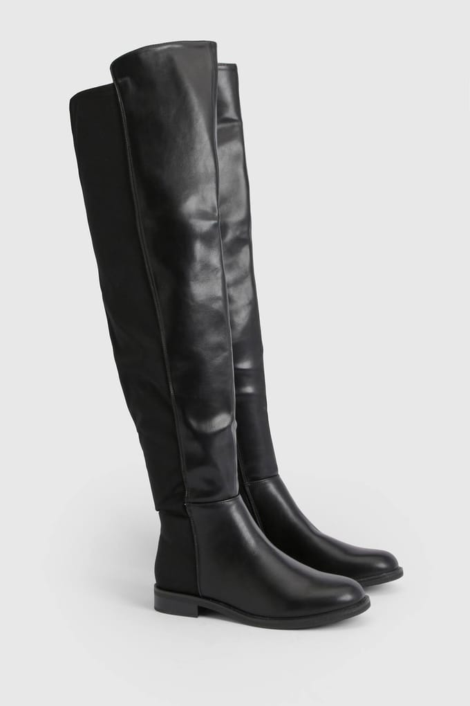 boohoo Dames Over-de-knie Stretch Platte Laarzen | Black | Maat: 4