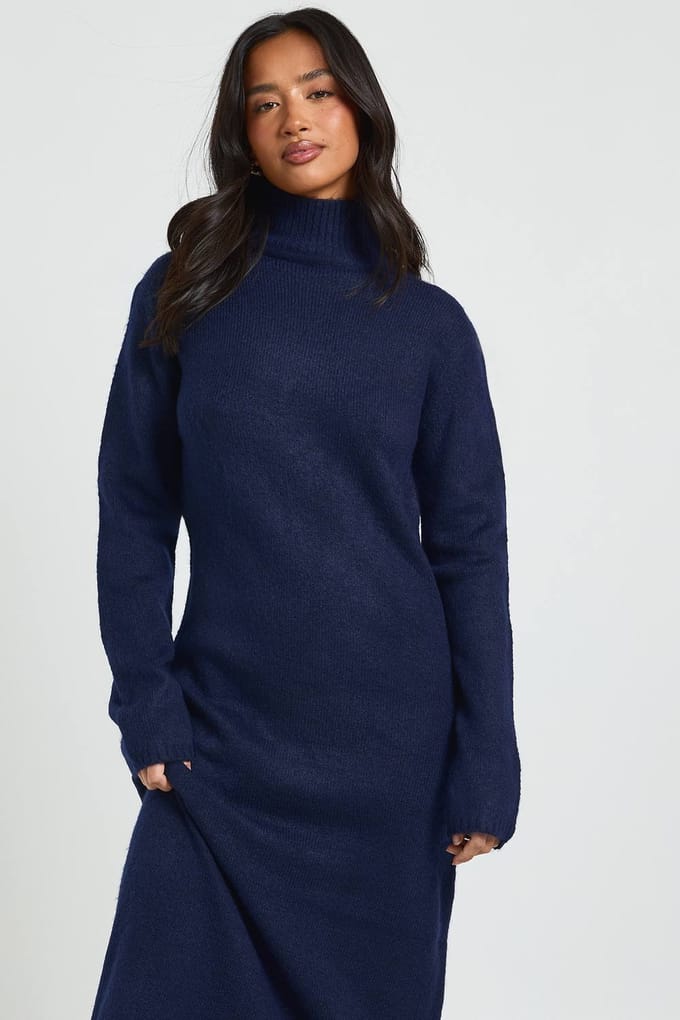 boohoo Dames Petite Super Soft Hoge Hals Gebreide Maxi Jurk | Marineblauw | Maat: Medium